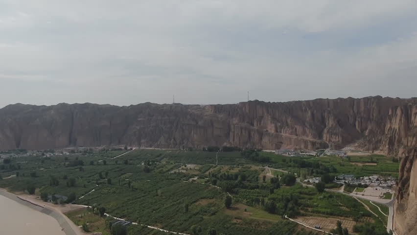 GANSU, CHINA: Yellow River Stone Forest. It located in Longwan village in Jingtai district of Baiyin city, Gansu province, China. (aerial photography)