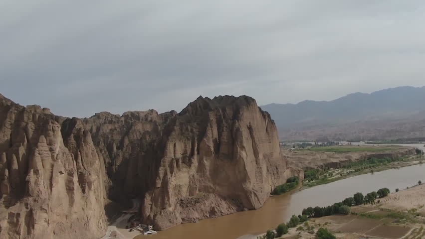 GANSU, CHINA: Yellow River Stone Forest. It located in Longwan village in Jingtai district of Baiyin city, Gansu province, China. (aerial photography)