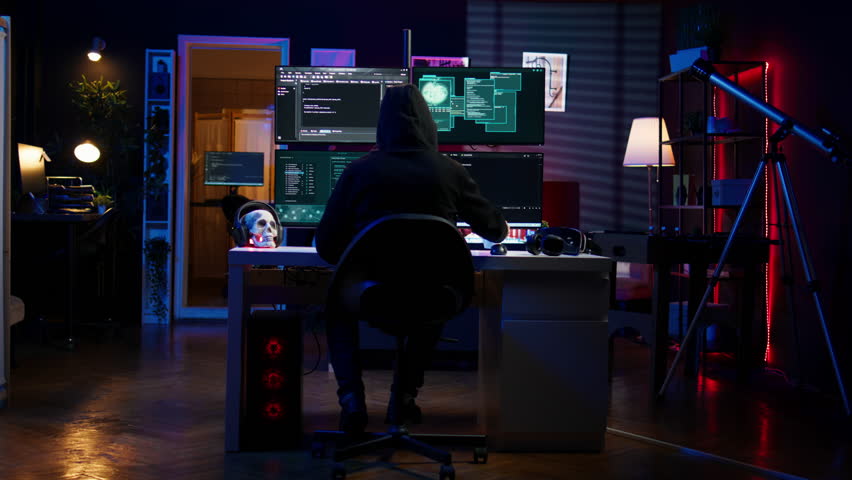 Malicious man hacking, stealing credit card numbers and manipulating banking systems for own personal gain. Evil hacker running code in apartment on computer monitor, camera B