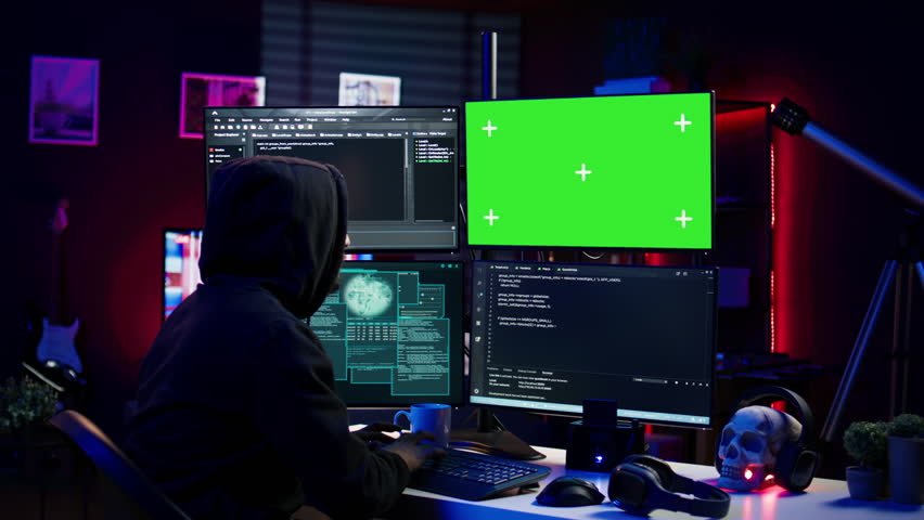 Hacker coding on isolated screen computer monitors, developing zero day exploit undetectable by antivirus. Evil IT engineer using chroma key PC displays to build script tricking firewalls, camera B