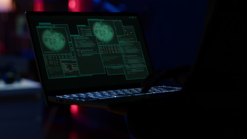 Hacker arriving in secret base with laptop, ready to start programming viruses. Scammer in criminal den opening notebook to exploit network servers and bypass security measures, camera A