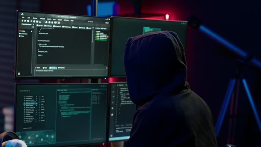 Hacker coding, developing zero day exploit undetectable by antivirus software installed on systems. Rogue programmer in apartment building script able to trick firewalls, camera A