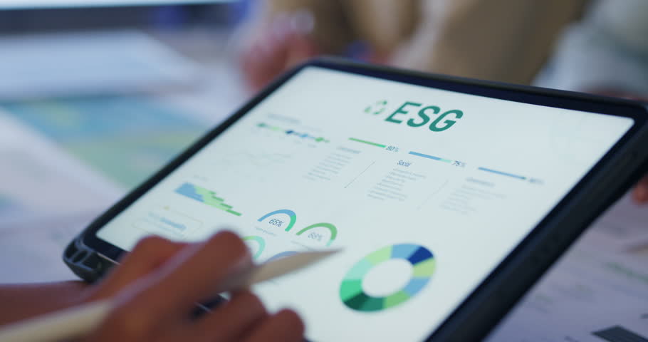Closeup group Asia businesspeople talk ESG strategies risk management workshop night, SDGs, global warming, green finance and investment and net zero waste lifestyle in boardroom training building.