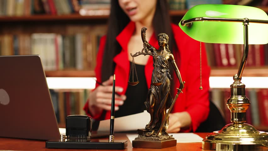 A lawyer works with contract documents together with Fimida in the courtroom. Justice and law, lawyer, judge, concept.