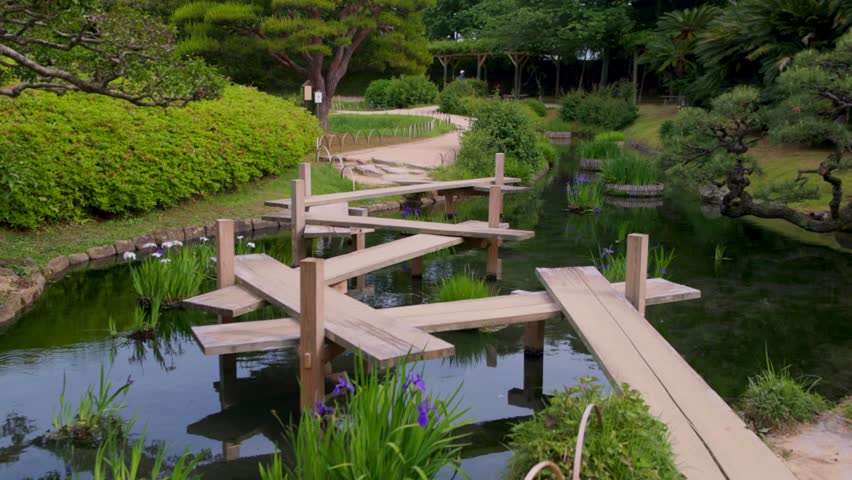 Traditional Japanese garden with a wooden bridge. Okayama Koishikawa Korakuen garden in Japan. Summer garden in Japan, gimbal shot