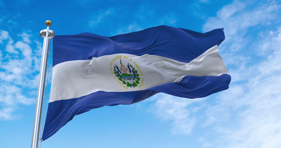 Flag of El Salvador realistic waving in the wind with sky background (Perfect Loop)