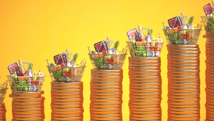 Growth of food sales, growth of market basket, inflation. Shopping basket with foods on coin stacks