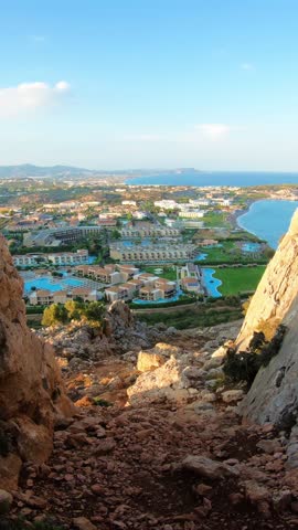 Picturesque view of the Mediterranean coast of Rhodes island with rocks and beaches. Greece.