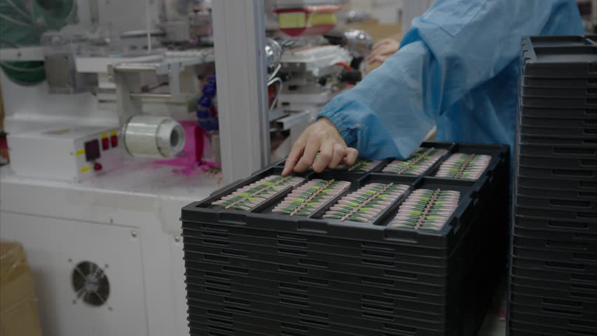 Worker working at a machine-made press-on nail printing facility. Worker wearing uniform in a Chinese factory. Cheap human labor in China. Artificial nail manufacturing process. Printing machine.