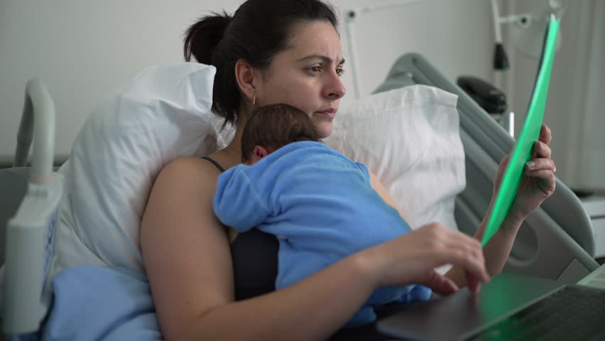 New mother in hospital bed reviewing documents while holding sleeping newborn, multitasking between paperwork and parenting, healthcare setting, postnatal care, balancing family and responsibilities