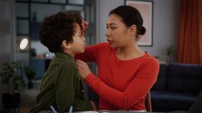 African American woman freelancer girl female mother working online laptop from home sick little boy kid son child go to mom showing painful throat ache discomfort virus bad medicine health problem - Powered by Shutterstock - Get 15% off with code: PIKWIZARD15