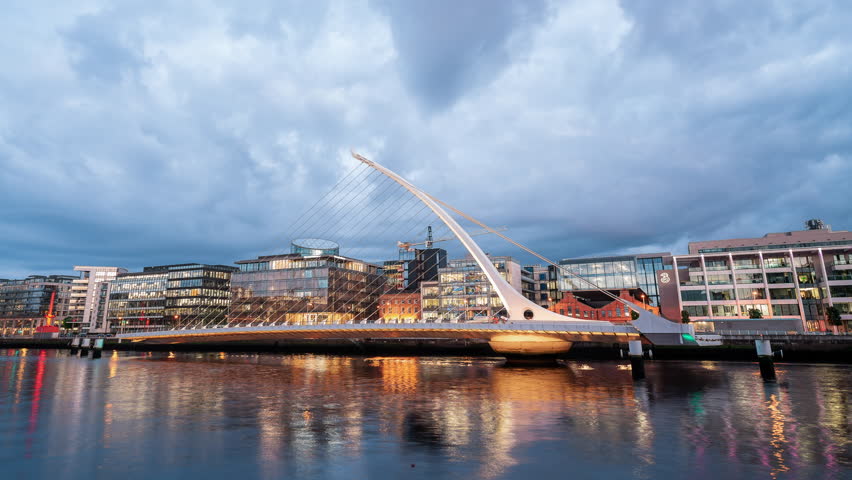 Dublin City centre Night Lapse Panorama Ireland Samuel Beckett Bridge Sunset
