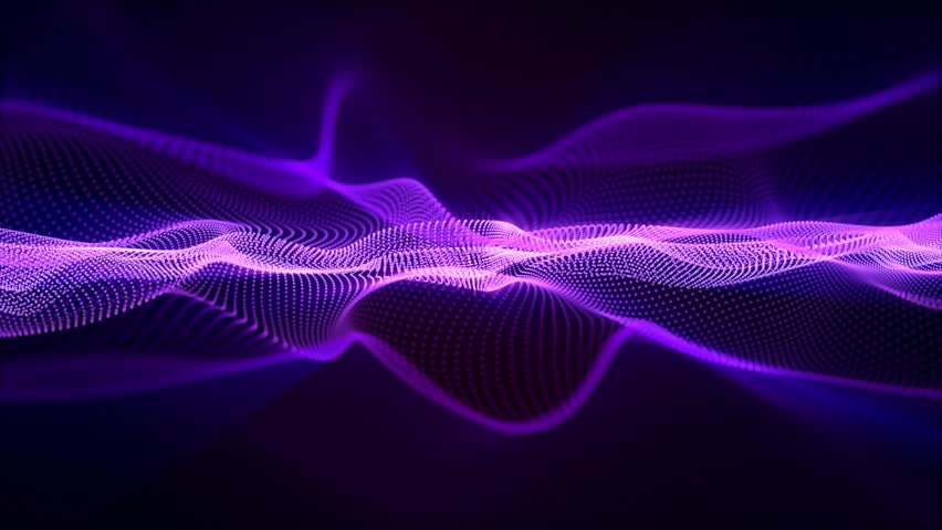 Ethereal waves of bright particles with soft purple blue glow effect. Seamless loop abstract animation of shiny energy waveform elegantly floating in a dark space. Looped digital background , 4k 60fps