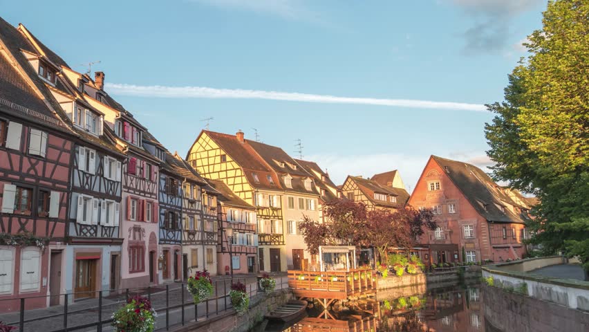Colmar France time lapse city skyline of Colorful Half Timber House at Ill River