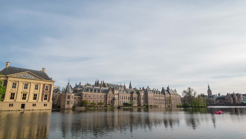 The Hague (Den Haag) Netherlands time lapse, city skyline at Hofvijver Lake and Hofkapel
