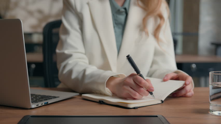 Business woman Caucasian businesswoman girl female office worker finish end complete done work job finishing writing in notebook close laptop stretching satisfied closed eyes dreaming relaxing break