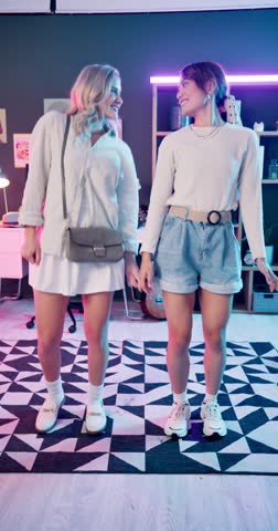 Girls, vlogging and outfit change challenge for social media app, video and gen z in house. Friends, dance and fashion transition trend by influencer for affiliate program with transformation jump