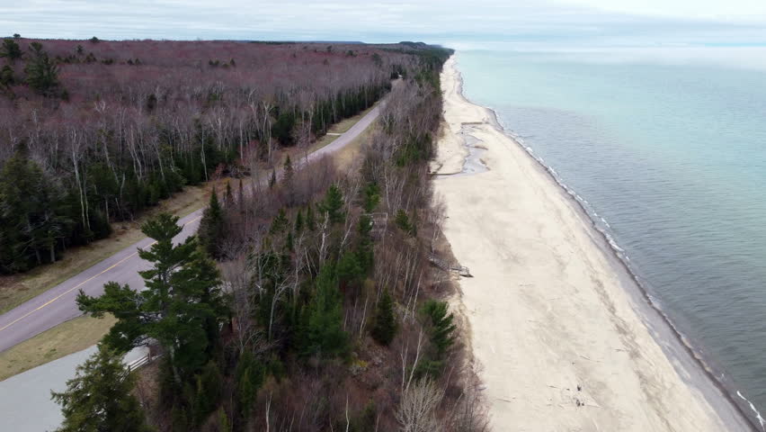 Drone view of Lake Superior Michigan in the town of Burt 