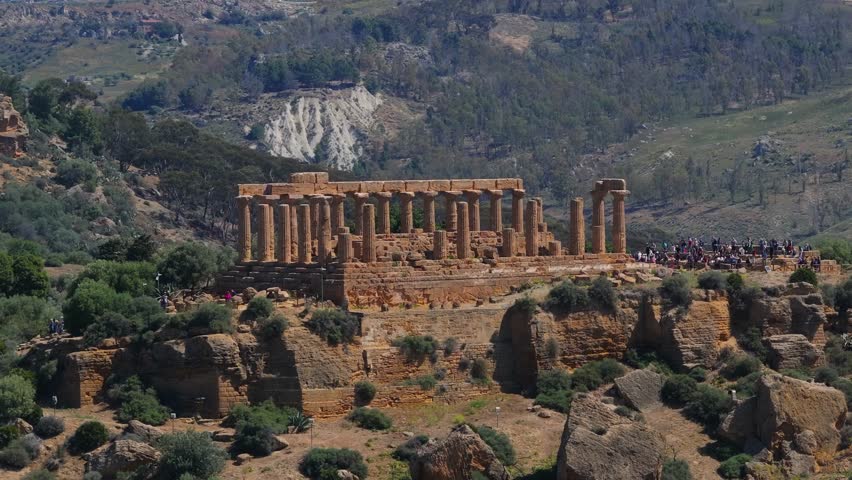 Cinematic Aerial View Above Temple of Hera, Valley of the Temples. Agrigento, Sicily, Italy