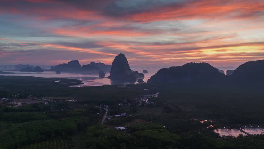 Hyperlapse aerial view drone flying over mangrove forest and mountain peak at sunrise, Phang nga bay, Thailand
