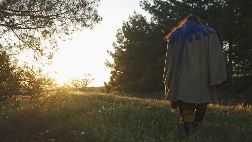 A man in a medieval knight costume walks through the forest, stops and, turning, raises his sword