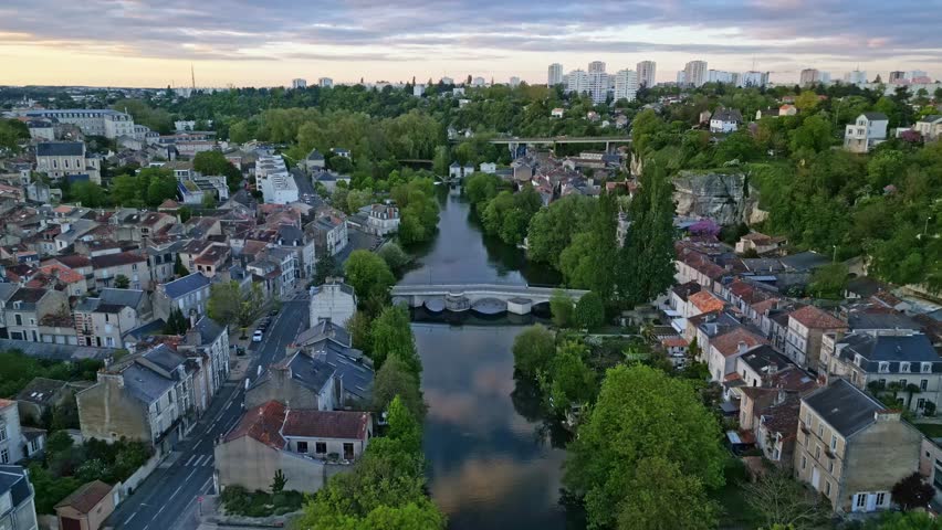 Pont Joubert bridge on Clain river at Poitiers in France. Aerial drone forward