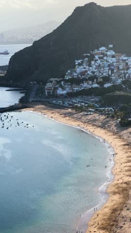 aerial view of Las Teresitas beach, San Andres village and mountains of Tenerife.