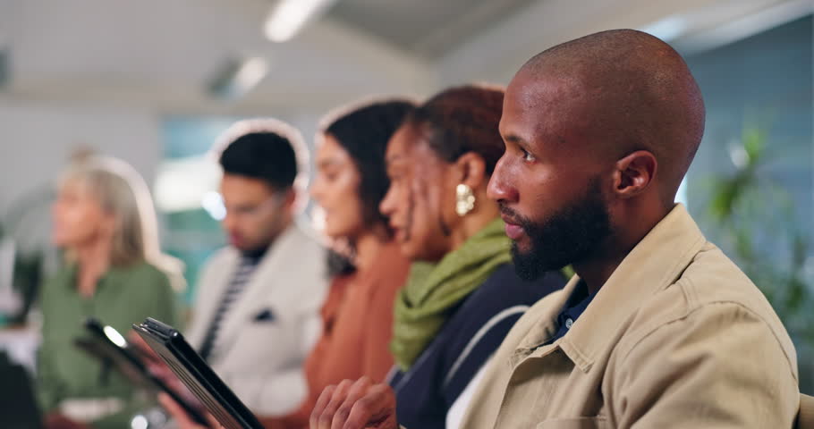 Business, team and workshop with tablet and question with talking, corporate company with goals. Group, people or diversity at office with learning for meeting, sales with review for presentation