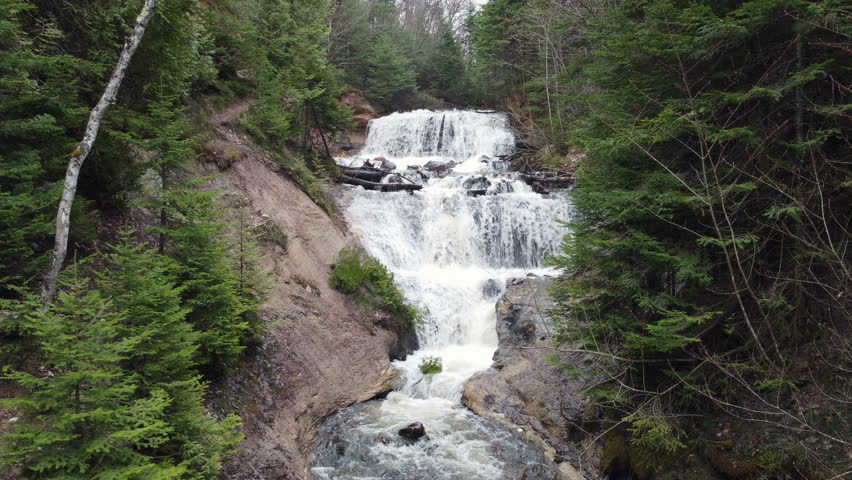  Drone shot of Sable Falls in an area near Grand Marai Michigan 