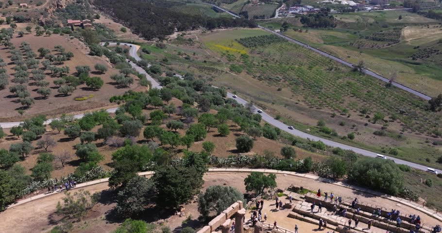 Aerial Pullback Reveals Ancient Greek Temple of Hera at Valley of the Temples, Agrigento, Italy
