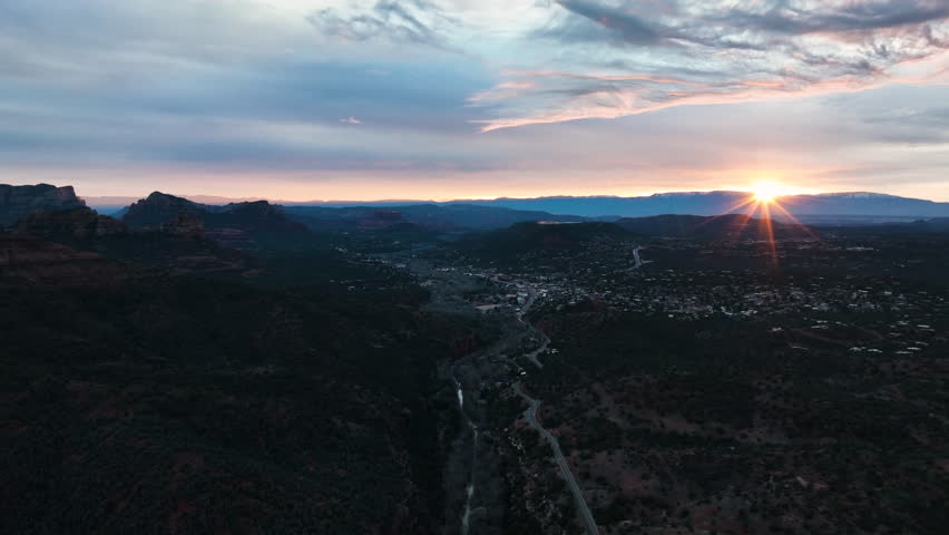 Aerial View Of Oak Creek Canyon Highway Road During Sunset In Sedona, Arizona, United States.