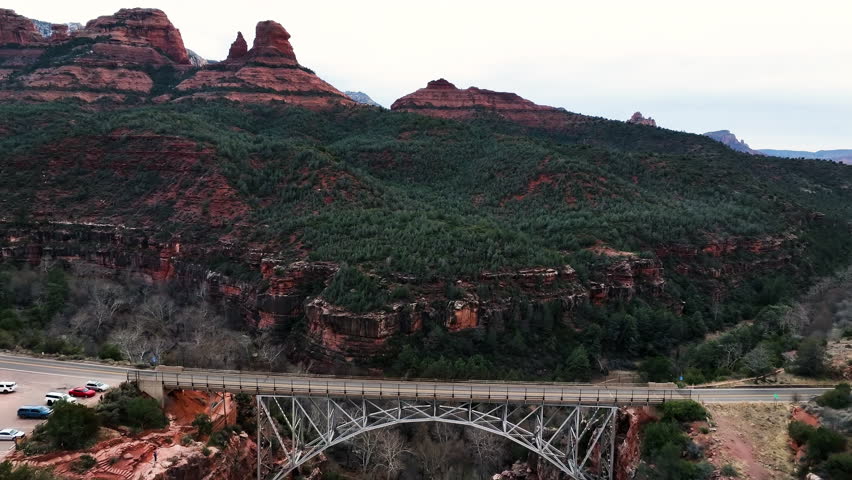 Fly Over Midgley Bridge At The Oak Creek Canyon In Sedona, Arizona, United States. Aerial Drone Shot