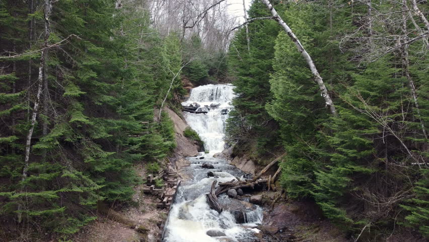 Drone shot of Sable Falls in an area near Grand Marai Michigan 