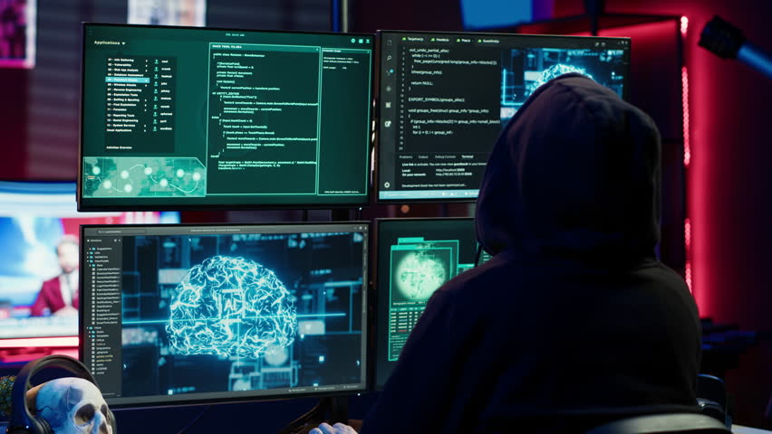 Cybercriminal using AI machine learning to develop zero day exploit undetectable by antivirus software. Hacker using artificial intelligence technology to build script tricking firewalls, camera A