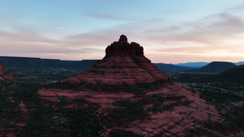 Bell Rock - Well-known Bell-shaped Butte At Sunset Near The Village of Oak Creek In Arizona, USA. - aerial shot