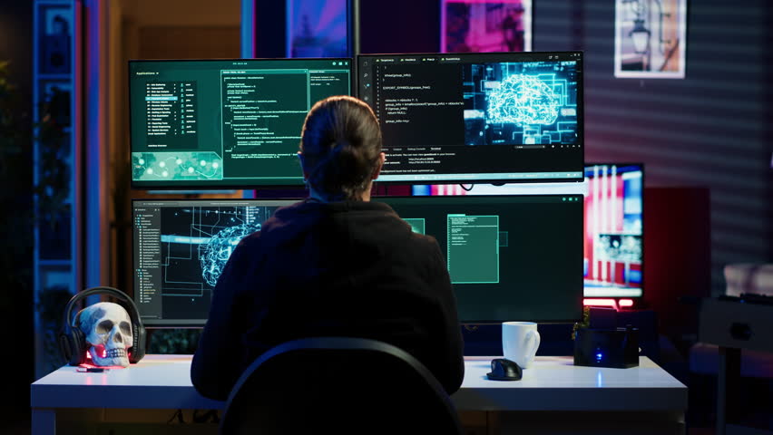 Rogue IT engineer uses AI deep learning to develop zero day exploit undetectable by antivirus. Hacker uses artificial intelligence computerized model to build script doing data mining, camera A