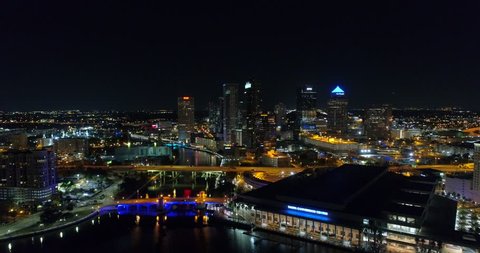 TAMPA, FL, USA - JANUARY 14, 2018: Night at Downtown Tampa aerial drone night video 4k