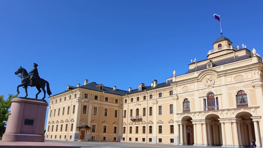 Konstantinovsky Palace. State complex national Congress Palace. Square in front of palace with monument to Peter Great, Strelna, St. Petersburg, Russia. Taken from hand