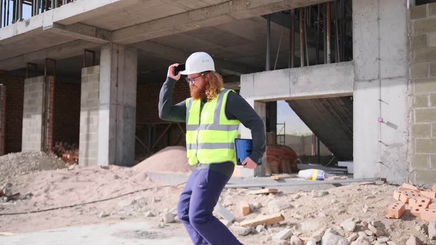 Male worker engineer contractor with smile dancing on construction site with good mood and tablet in hands. Slow motion. Successful deal, salary increase, successful project.