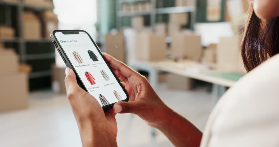 Hands, woman and smartphone screen with online shopping, ecommerce and transaction for dropshipping. Warehouse, mobile app and website with fintech for catalogs, clothes and payment for delivery