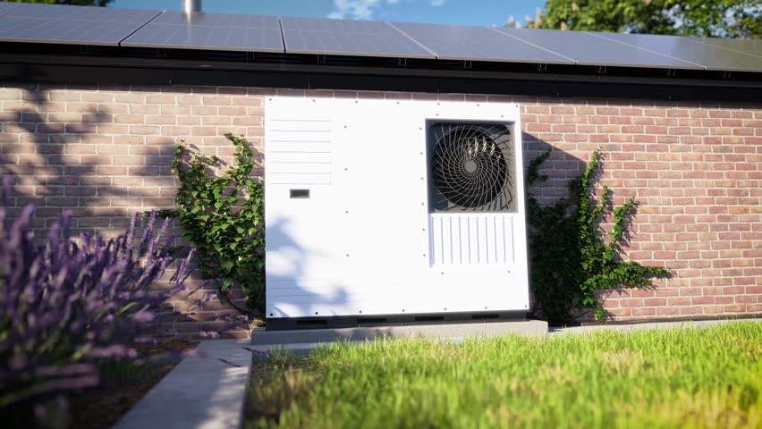 A heat pump with photovoltaic panels installed on the roof of a single-family house, along with a green ro, forms an eco-friendly heating and air conditioning solution for the property