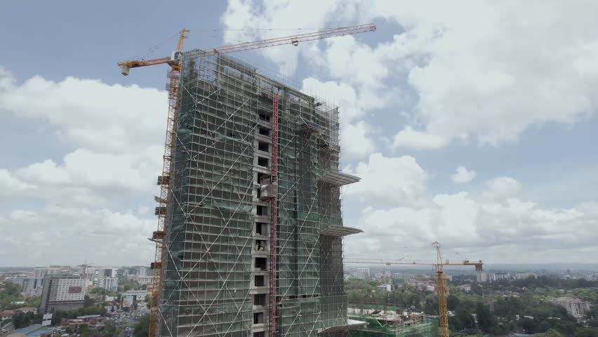 Aerial view of modern skyscraper construction site in downtown Nairobi, Kenya.