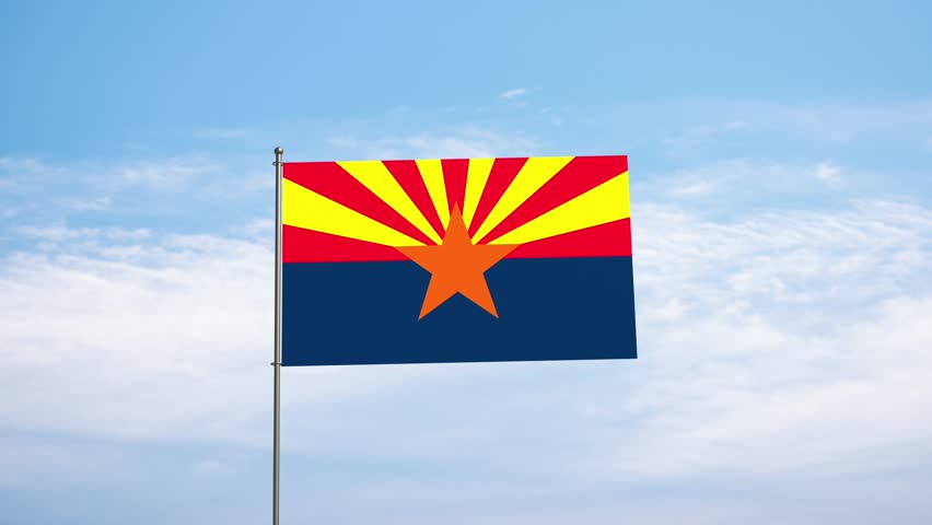 Flag US state Arizona against cloudy sky. Arizona flag waving in the wind, national symbol. State, nation, union, flag, government, culture, politics.
