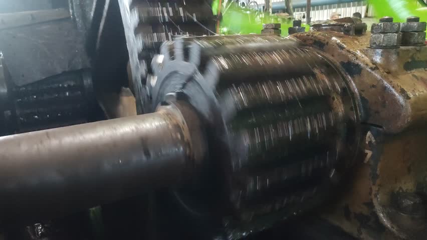 Steam engine transmission gears that drive sugar cane milkers in a sugar factory