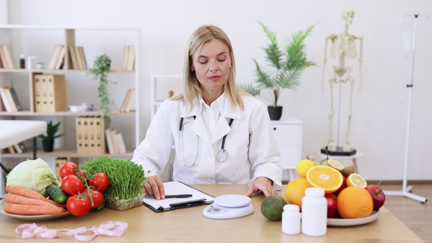 Mature Caucasian female nutritionist making healthy eating plan and calculating calorie content of avocado using weight. Happy female writing prescription for patients proper healthy diet.