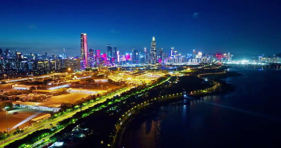 Night view of city business district buildings in Shenzhen