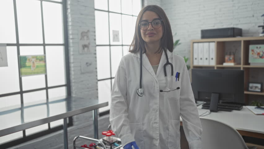 Female doctor with brunette hair and glasses, standing confidently with crossed arms in a hospital room, wearing a white lab coat and blue gloves, with medical equipment and files in the background.