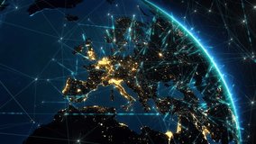 Abstract Tech Earth Globalization in 3D. Concept Transmit AI Networking on Fiber Optic. Transfer 5G Web Communications Signal. Global Business Dots on Rotating Planet. North America Europe. - Powered by Shutterstock - Get 15% off with code: PIKWIZARD15