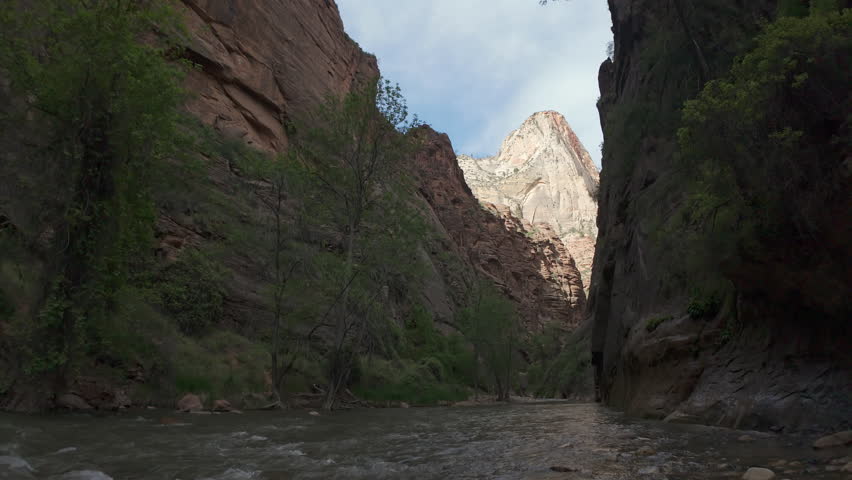 Tilt down view looking up the start of the Narrows hike in Zion Canyon.