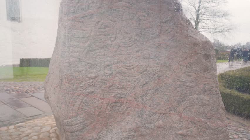 Rune Stones Inside The Glass Case Of King Harald Bluetooth And King Gorm In Jelling, Denmark. Close-up Shot
